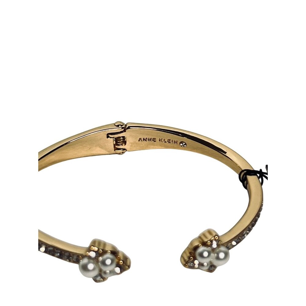 Anne Klein Gold Tone Faux Pearl And Clear Rhinestone Hinged Cuff Bracelet (6261) - Picture 4 of 7